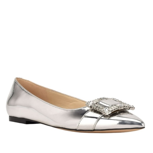 NEW Nine West Behold Metallic Silver Jeweled Rhinestone Pointed Toe Flats - 8 - Picture 2 of 16